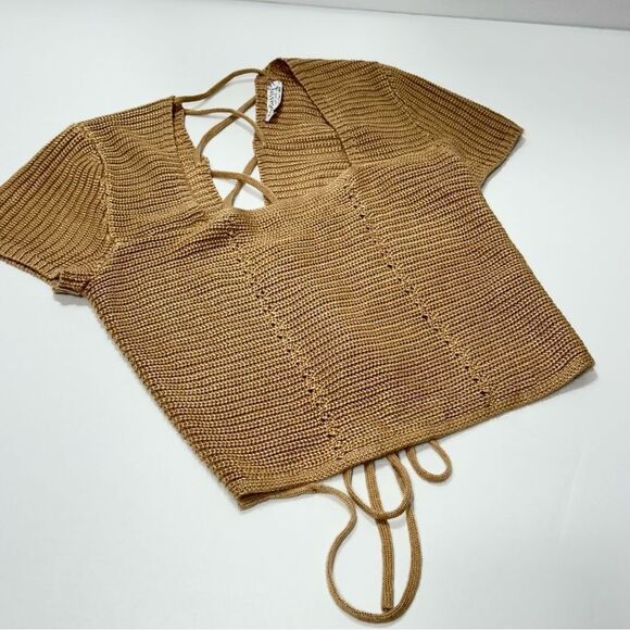 Jolie & Joy Knit Crochet Top Lace Up Back Crop Sweater L - Picture 4 of 13